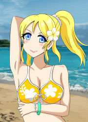 Rule 34 | 1girl, absurdres, arm over head, artist request, ayase eli, bangle, bare shoulders, beach, bikini, blonde hair, blue eyes, blush, body blush, bori (artist), bracelet, breasts, cleavage, cloud, collarbone, day, dutch angle, female focus, floral print, flower, flower print, front-tie top, hair flower, hair ornament, hair scrunchie, high ponytail, highres, jewelry, long hair, looking at viewer, love live!, love live! school idol festival, love live! school idol project, medium breasts, nail polish, nails, navel, ocean, outdoors, parted lips, partially submerged, pink nails, ponytail, scrunchie, see-through, short hair, side-tie bikini bottom, sky, smile, solo, sparkle, standing, swimsuit, waves, white scrunchie, yellow bikini