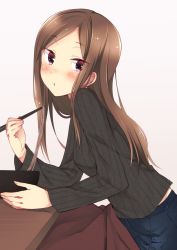Rule 34 | 1girl, :t, black sweater, blush, brown hair, chopsticks, closed mouth, contemporary, denim, dorothy (princess principal), eating, food, from side, highres, holding, holding chopsticks, jeans, kotatsu, long hair, long sleeves, looking at viewer, noodles, pants, princess principal, purple eyes, ribbed sweater, sitting, sk02, solo, sweater, table