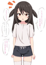 Rule 34 | 1girl, black hair, black shorts, brown eyes, collarbone, commentary request, long hair, looking at viewer, notice lines, open mouth, original, shirt, short sleeves, shorts, simple background, solo, standing, takasuma hiro, thighhighs, translation request, two side up, white background, white shirt, white thighhighs