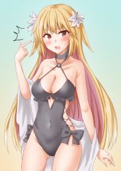 Rule 34 | 1girl, alternate costume, anti (untea9), black one-piece swimsuit, blonde hair, breasts, brooklyn (kancolle), brown eyes, cleavage, cosplay, cowboy shot, cross-laced clothes, cross-laced one-piece swimsuit, flower, gluteal fold, gradient background, hair flower, hair ornament, highres, kantai collection, large breasts, long hair, looking at viewer, one-piece swimsuit, open mouth, sagiri (kancolle), sagiri (kancolle) (cosplay), solo, swimsuit, very long hair