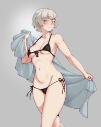 Rule 34 | 1girl, bikini, black bikini, blue eyes, blush, breasts, commentary, grey background, highres, holding, holding towel, looking at viewer, meteora osterreich, midriff, re:creators, short hair, side-tie bikini bottom, simple background, small breasts, solo, standing, swimsuit, thwwshark, towel, white hair