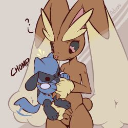 Rule 34 | ?, advos, artist name, black fur, black sclera, blue fur, brown background, brown fur, chibi, colored sclera, creatures (company), game freak, gen 4 pokemon, grey background, lopunny, nintendo, pokemon, pokemon (creature), red eyes, riolu, sound effects, two-tone background, two-tone fur, yellow fur