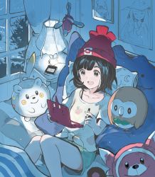 Rule 34 | 1girl, alchemaniac, beanie, bed, bewear, black eyes, black hair, book, creatures (company), ditto, game freak, gen 1 pokemon, gen 4 pokemon, gen 7 pokemon, green shorts, handheld game console, hat, lamp, lillie (pokemon), night, nintendo, nintendo 3ds, open mouth, pillow, pokemon, pokemon (creature), pokemon sm, porygon-z, red hat, rowlet, selene (pokemon), short hair, short sleeves, shorts, stufful, stylus, togedemaru, window