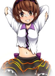 Rule 34 | 1girl, arms behind back, ayakumo, bandaid, bandaid on face, bandaid on nose, black skirt, blush, breasts, brown eyes, brown hair, collared shirt, disheveled, frilled skirt, frills, grin, hairband, highres, injury, looking at viewer, midriff, navel, shirt, short hair, simple background, skirt, small breasts, smile, solo, torn clothes, torn shirt, torn skirt, touhou, tsukumo yatsuhashi, upper body, white background, white shirt