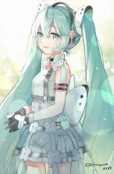 Rule 34 | 1girl, binchou maguro, black gloves, blue eyes, butterfly wings, commentary, cowboy shot, dress, gloves, green hair, hair between eyes, hatsune miku, headphones, highres, insect wings, long hair, looking at viewer, own hands together, parted lips, short sleeves, smile, solo, standing, symbol-only commentary, twintails, twitter username, very long hair, vocaloid, white dress, wings