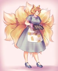 Rule 34 | 1girl, alternate costume, animal ears, blonde hair, blush, commentary, cookie, dress, food, fox ears, fox tail, grin, high heels, highres, housewife, looking at viewer, meme, multiple tails, orz (kagewaka), oven mitts, short hair, smile, solo, tail, touhou, tray, unmoving pattern, when you see it, yakumo ran, yellow eyes