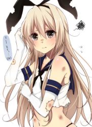 Rule 34 | 10s, 1girl, blonde hair, blush, brown eyes, elbow gloves, gloves, hairband, kantai collection, looking at viewer, navel, personification, shimakaze (kancolle), solo, tears, torn clothes, translation request, white background, white gloves, yamasuta