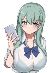 Rule 34 | 1girl, aqua hair, blue bow, blue bowtie, bow, bowtie, breasts, cellphone, collared shirt, dress shirt, green eyes, hair ornament, hairclip, highres, holding, holding phone, kantai collection, large breasts, long hair, phone, school uniform, shirt, simple background, smartphone, solo, suzuya (kancolle), tokiwa senkei, upper body, white background, white shirt