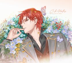 Rule 34 | 1boy, brown eyes, brown vest, bug, butterfly, butterfly on head, cale henituse, character name, chiutina, flower, formal, grey suit, hair between eyes, hand up, insect, lout of count&#039;s family, male focus, petals, red hair, short hair, solo, suit, upper body, vest