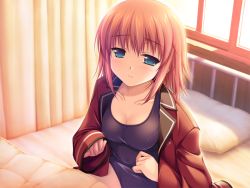 Rule 34 | 1girl, alpha (yukai na nakamatachi), blue eyes, blue one-piece swimsuit, blush, breasts, cleavage, closed mouth, collarbone, game cg, hair between eyes, indoors, infirmary, jacket, kusaka aina, light brown hair, long sleeves, looking at viewer, medium breasts, medium hair, on bed, one-piece swimsuit, open clothes, open jacket, pillow, red jacket, school swimsuit, sitting, sleeves past fingers, sleeves past wrists, solo, swimsuit, under covers, w.l.o sekai ren&#039;ai kikou