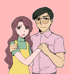 Rule 34 | 1boy, 1girl, apron, black eyes, brown eyes, collared shirt, digimon, glasses, green shirt, grskmot8, holding hands, husband and wife, izumi kae, izumi masami, long hair, looking at viewer, mature female, mature male, pink background, pink shirt, shirt, shirt tucked in, short sleeves, simple background, turtleneck, worried, yellow apron