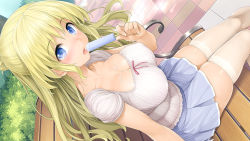 Rule 34 | 1girl, amabane nodoka, blonde hair, blue eyes, blush, breasts, cleavage, covered erect nipples, day, food, food on body, food on breasts, from above, game cg, half updo, ishikei, large breasts, long hair, looking at viewer, love cube, miniskirt, open mouth, outdoors, park, popsicle, sitting, skindentation, skirt, solo, thighhighs, thighs, tongue, white thighhighs