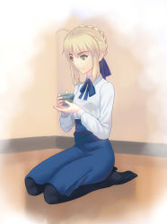 Rule 34 | 1girl, ahoge, artoria pendragon (fate), bad id, bad pixiv id, blonde hair, bow, braid, cup, fate/stay night, fate (series), fateline alpha, hair bow, high-waist skirt, highres, holding, holding cup, pantyhose, saber (fate), seiza, sidelocks, sitting, skirt, smile, solo