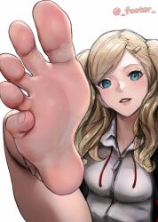 Rule 34 | 1girl, absurdres, barefoot, blonde hair, blue eyes, feet, footer@unyaaan, highres, long hair, looking at viewer, parted lips, persona, persona 5, soles, takamaki anne, toes, twintails