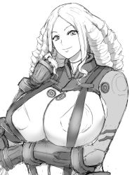 Rule 34 | 1girl, breasts, drill hair, fingerless gloves, floria frank, gloves, grey eyes, greyscale, twirling hair, highres, large breasts, long hair, looking at viewer, matu gyu, monochrome, pilot suit, simple background, sketch, super robot wars, super robot wars x-omega, white background
