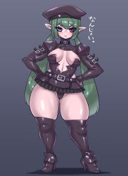 Rule 34 | 1girl, :&lt;, absurdres, areola slip, beret, black thighhighs, blue eyes, blush, boots, breasts, commentary request, full body, green hair, hair between eyes, hands on own hips, hat, heterochromia, high heels, highres, leotard, looking at viewer, medium breasts, minami aomori, original, pointy ears, puffy sleeves, red eyes, shrug (clothing), skindentation, skirt, solo, thick thighs, thighhighs, thighs, twintails