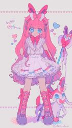 Rule 34 | 1girl, blue eyes, blush, boots, character name, closed mouth, creatures (company), full body, game freak, gen 6 pokemon, highres, knee boots, long hair, looking at viewer, narumame, nintendo, personification, pink footwear, pink hair, pokemon, pokemon (creature), smile, sylveon, twitter username, very long hair