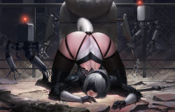 Rule 34 | 1girl, absurdres, anal tail, ass, blindfold, boots, butt plug, fake tail, fence, gloves, high heel boots, high heels, highres, imminent rape, leotard, leshin, lips, nier (series), nier:automata, pod (nier:automata), robot, sex toy, silver hair, skin tight, skindentation, tail, thighhighs, top-down bottom-up, wide hips, 2b (nier:automata)