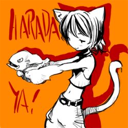 Rule 34 | 1girl, :3, animal ears, cat ears, cat tail, fish, flat chest, halterneck, harada takehito, lowres, monochrome, pants, short hair, simple background, solo, tail