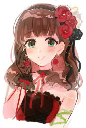 Rule 34 | 1girl, bare shoulders, black gloves, black ribbon, blue eyes, blush, brown hair, choker, dress, earrings, flower earrings, gloves, hairband, hand on own cheek, hand on own face, highres, idolmaster, idolmaster cinderella girls, idolmaster cinderella girls starlight stage, jewelry, looking at viewer, love destiny, neck ribbon, red dress, red ribbon, ribbon, sakuma mayu, short hair, simple background, smile, solo, thorns, upper body, wenquangua, white background