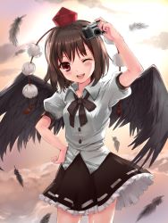 Rule 34 | 1girl, bad id, bad pixiv id, black wings, blush, bob cut, bow, bowtie, brown hair, camera, dress shirt, fang, feathers, female focus, hand on own hip, hat, momoko (momopoco), one eye closed, open mouth, pom pom (clothes), shameimaru aya, shirt, skirt, smile, solo, sunset, tokin hat, touhou, wings, wink