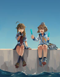 Rule 34 | 2girls, ahoge, black shirt, black skirt, blue eyes, blue sailor collar, braid, brown eyes, brown hair, closed mouth, commentary, dress, english commentary, food, full body, hair over shoulder, highres, holding, holding food, holding popsicle, kantai collection, looking at another, looking to the side, miniskirt, multiple girls, neckerchief, necktie, open mouth, pleated skirt, popsicle, red necktie, rudder footwear, sailor collar, sailor dress, school uniform, serafuku, shigure (kancolle), shirt, short dress, short hair, side braid, single braid, sitting, skirt, smile, water, white dress, yellow neckerchief, yukikaze (kancolle), zi tsas