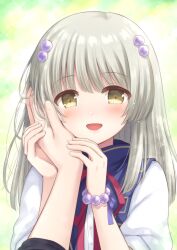 Rule 34 | 1boy, 1girl, :d, bead bracelet, beads, blush, bracelet, brown eyes, character request, commentary request, flyable heart, grey hair, hands up, highres, jewelry, long hair, looking at viewer, nakamura hinato, open mouth, out of frame, puffy short sleeves, puffy sleeves, shirt, short sleeves, smile, solo focus, white shirt, yukishiro suzuno