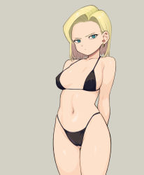 Rule 34 | 1girl, alternate costume, android 18, arms behind back, bikini, black bikini, blonde hair, blue eyes, breasts, covered erect nipples, dragon ball, dragonball z, earrings, highres, jewelry, looking at viewer, medium breasts, navel, rokoido12, short hair, simple background, solo, swimsuit