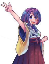 Rule 34 | 1girl, :d, anarogumaaa, arm up, bad id, bad pixiv id, blue eyes, blush, clenched hand, hakama, hakama skirt, hieda no akyuu, japanese clothes, long sleeves, looking at viewer, nail polish, open mouth, purple hair, short hair, simple background, skirt, smile, solo, touhou, v, white background, wide sleeves
