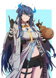 Rule 34 | 1girl, arknights, asymmetrical hair, belt, black gloves, black shorts, blue background, blue eyes, blue hair, blush, braid, breasts, brown belt, chest strap, clothing aside, coat, commentary, cowboy shot, crossed bangs, dragon horns, dress, dress aside, drunk, elbow gloves, english commentary, gloves, gourd, grey coat, grey dress, hair between eyes, highres, holding gourd, horns, index finger raised, ling (arknights), long hair, looking at viewer, medium breasts, midriff, necktie, open clothes, open coat, parted lips, pointy ears, ponytail, samacho, seigaiha, short shorts, shorts, sidelocks, single braid, smile, solo, squeans, standing, stomach, thigh strap, very long hair, wing collar, yellow necktie