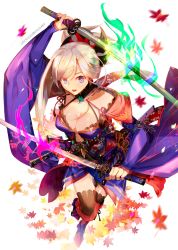 Rule 34 | 1girl, arm up, astarone, autumn leaves, black thighhighs, blue eyes, breasts, cleavage, colorful, dual wielding, fate/grand order, fate (series), holding, holding sword, holding weapon, japanese clothes, katana, kimono, looking at viewer, miyamoto musashi (fate), miyamoto musashi (third ascension) (fate), multicolored clothes, multicolored kimono, purple hair, solo, sparkle, sword, thighhighs, weapon