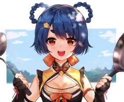 Rule 34 | 1girl, :d, bare shoulders, black gloves, blue hair, blush, braid, braided hair rings, breasts, china dress, chinese clothes, cleavage, dress, fingerless gloves, genshin impact, gloves, hair ornament, hair rings, hairclip, happy, highres, kuze matsuri, ladle, looking at viewer, open mouth, orange eyes, paw print, pot, short eyebrows, short hair, small breasts, smile, solo, thick eyebrows, xiangling (genshin impact)