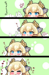 Rule 34 | &gt; &lt;, 1girl, 1other, 4koma, :d, :i, :t, absurdres, azur lane, blonde hair, blue eyes, blush, chibi, closed eyes, closed mouth, comic, commander (azur lane), commentary request, gloves, highres, kurukurumagical, laurel crown, notice lines, open mouth, out of frame, smile, speed lines, translation request, victorious (azur lane), white gloves
