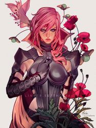 Rule 34 | 1girl, arm strap, armor, black gloves, blue eyes, breastplate, breasts, cape, coat, cowboy shot, final fantasy, final fantasy xiii, floral background, gloves, grey background, hair between eyes, hair over shoulder, hand on own chest, high collar, leaf, lightning farron, long hair, looking at viewer, medium breasts, open clothes, open coat, pink hair, shoulder armor, signature, solo, tholia bentz, turtleneck, twitter username, wavy hair