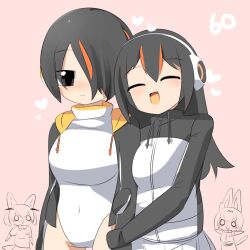 Rule 34 | 2girls, 4girls, :d, animal ears, arm hug, black eyes, black hair, black jacket, blush, breasts, cat ears, cat girl, cat tail, closed eyes, closed mouth, commentary request, covered navel, cowboy shot, emperor penguin (kemono friends), fennec (kemono friends), fox ears, fox girl, fox tail, hair between eyes, hair over one eye, headphones, heart, humboldt penguin (kemono friends), jacket, kemono friends, large breasts, lets0020, long bangs, long hair, medium bangs, medium breasts, multicolored clothes, multicolored hair, multicolored jacket, multiple girls, nose blush, numbered, one-piece swimsuit, open mouth, orange hair, pink background, serval (kemono friends), short hair, smile, streaked hair, swimsuit, tail, two-tone jacket, white jacket, white one-piece swimsuit