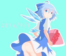 Rule 34 | 1girl, absurdres, arched back, ass, bad id, bad pixiv id, blue background, blue bow, blue dress, blue eyes, blue hair, bouquet, bow, cirno, commentary request, dated, dress, eyes visible through hair, flower, hair bow, highres, ice, ice wings, looking at viewer, looking back, no panties, puffy short sleeves, puffy sleeves, rose, shikabane homura, shirt, short hair, short sleeves, simple background, smile, solo, touhou, white shirt, wings