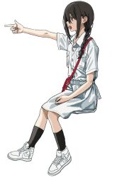 Rule 34 | 1girl, bag, black hair, black socks, braid, chainsaw man, collared shirt, finger gun, from side, highres, invisible chair, long hair, nayuta (chainsaw man), open mouth, red bag, ringed eyes, school uniform, shiren (ourboy83), shirt, shoes, short sleeves, shoulder bag, sidelocks, simple background, sitting, skirt, sneakers, socks, solo, teeth, upper teeth only, white background, white footwear, yellow eyes