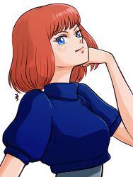 Rule 34 | 1girl, aobito sukoyaka bystander, blue eyes, blue shirt, gaw ha leccee, hand up, highres, juusenki l-gaim, looking at viewer, orange hair, red hair, shirt, short sleeves, simple background, smile, solo, upper body, white background