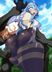 Rule 34 | 1girl, 1other, absurdres, ahoge, ass, bare shoulders, blush, bodysuit, breasts, constricted pupils, cowboy shot, detached sleeves, embarrassed, from behind, from below, ganyu (genshin impact), genshin impact, ghostnerdy, gloves, highres, hilichurl (genshin impact), horns, huge ass, large breasts, leotard, long hair, looking back, looking down, mask, monster, open mouth, pantyhose, purple eyes, shiny clothes, shiny skin, sideboob, spanked, spanking, very long hair, waist cape