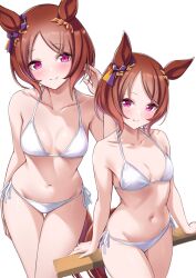 Rule 34 | 1girl, alternate costume, animal ears, bare arms, bare shoulders, bikini, blush, breasts, brown hair, cleavage, collarbone, commentary request, cowboy shot, halterneck, hand up, herohero (higashi no dou), highres, horse ears, horse girl, horse tail, looking at viewer, multiple views, navel, pink eyes, sakura laurel (umamusume), short hair, side-tie bikini bottom, simple background, small breasts, smile, standing, stomach, string bikini, swimsuit, tail, thighs, umamusume, white background, white bikini