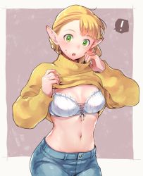 Rule 34 | !, 1girl, blonde hair, blush, bra, changing clothes, contemporary, denim, dungeon meshi, elf, green eyes, highres, jack (haist), jeans, marcille donato, navel, pants, pointy ears, spoken exclamation mark, surprised, sweatdrop, sweater, turtleneck, turtleneck sweater, underwear, white bra, yellow sweater