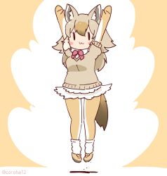 Rule 34 | 1girl, african golden wolf (kemono friends), animal ears, arms up, bow, bowtie, brown background, cardigan, coroha, elbow gloves, extra ears, full body, gloves, grey hair, jumping, kemono friends, kemono friends 3, long hair, looking at viewer, pantyhose, shoes, simple background, skirt, socks, solo, tail, wolf ears, wolf girl, wolf tail