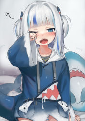 Rule 34 | 1girl, absurdres, black shirt, blue eyes, blue hair, blue hoodie, blue nails, blunt bangs, blush, collarbone, commentary request, fangs, fins, fish bone, fish tail, gawr gura, gawr gura (1st costume), grey background, hair ornament, hand up, highres, hololive, hololive english, hood, hood down, hoodie, long shirt, long sleeves, looking at viewer, md5 mismatch, medium hair, multicolored hair, nail polish, one eye closed, open mouth, panties, resolution mismatch, shark girl, shark tail, sharp teeth, shirt, sitting, sleepy, sleeves past wrists, solo, source smaller, streaked hair, striped clothes, striped panties, stuffed animal, stuffed shark, stuffed toy, tail, teeth, torriet, two-tone hair, underwear, virtual youtuber, white hair, white panties