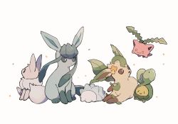 Rule 34 | brown eyes, budew, closed mouth, commentary request, creatures (company), eevee, game freak, gen 1 pokemon, gen 2 pokemon, gen 4 pokemon, gen 8 pokemon, glaceon, highres, hoppip, leafeon, looking up, nintendo, no humans, nodori710, pokemon, pokemon (creature), sitting, smile, snom, star (symbol), toes, white background, yellow eyes