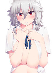 Rule 34 | 1girl, blue neckwear, braid, breasts, cleavage, covering breasts, covering privates, hayashi custom, highres, izayoi sakuya, large breasts, maid, maid headdress, navel, open clothes, open mouth, open shirt, red eyes, shirt, short hair, silver hair, simple background, solo, touhou, twin braids, veins, veiny breasts, white background, white shirt