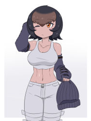 Rule 34 | 1girl, arm up, bare shoulders, beanie, black hair, border, brown hair, closed mouth, collarbone, elbow gloves, expressionless, fingerless gloves, gloves, gorilla (kemono friends), grey background, hat, highres, holding, holding clothes, holding hat, kemono friends, looking to the side, medium hair, midriff, multicolored hair, navel, one eye closed, orange eyes, pants, shiny skin, simple background, solo, stomach, tan, tank top, toned, tsukushi (741789), two-tone hair, unworn hat, unworn headwear, zipper pull tab