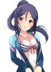 Rule 34 | 1girl, :o, absurdres, bikini, bikini top only, blue hair, blush, bodysuit, breasts, cleavage, collarbone, diving suit, front-tie bikini top, front-tie top, hair between eyes, high ponytail, highres, long hair, looking at viewer, love live!, love live! school idol festival, love live! sunshine!!, matsuura kanan, medium breasts, navel, open bodysuit, open clothes, open mouth, purple eyes, simple background, solo, striped bikini, striped bikini top, striped clothes, sunya (honorin-yuunibo), swimsuit, unzipping, upper body, water drop, wet, wet hair, wetsuit, white background