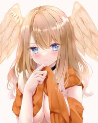 Rule 34 | 1girl, black choker, blue eyes, blush, breasts, brown hair, brown scarf, brown wings, choker, closed mouth, commentary, eunie (xenoblade), feathered wings, fringe trim, grey background, hair between eyes, hand up, head wings, highres, large breasts, long hair, looking at viewer, naked scarf, nanase nao, scarf, simple background, smile, solo, upper body, wings, xenoblade chronicles (series), xenoblade chronicles 3