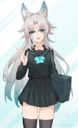 Rule 34 | 1girl, absurdres, alternate costume, animal ear fluff, animal ears, aqua hair, aqua nails, bag, black sailor collar, black shirt, black skirt, black thighhighs, cowboy shot, dated, feixiao (honkai: star rail), forehead jewel, fox ears, fox girl, grey hair, highres, honkai: star rail, honkai (series), lao xi, long hair, multicolored hair, open mouth, pleated skirt, sailor collar, school uniform, shirt, shoulder bag, skirt, smile, solo, teeth, thighhighs, thighs, two-tone background, two-tone hair, w, zettai ryouiki