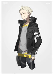 Rule 34 | 1boy, black jacket, black pants, blonde hair, character name, commentary, cropped legs, grey background, grey shirt, highres, jacket, looking at viewer, male focus, neco, open clothes, open jacket, pants, shirt, short hair, simple background, solo, synduality, tokio (synduality), yellow eyes
